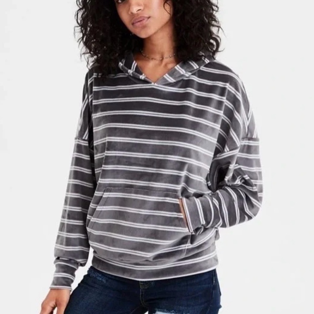 American Eagle Velour Hoodie Lounge Soft Comfy Sporty Striped Grey White Size M